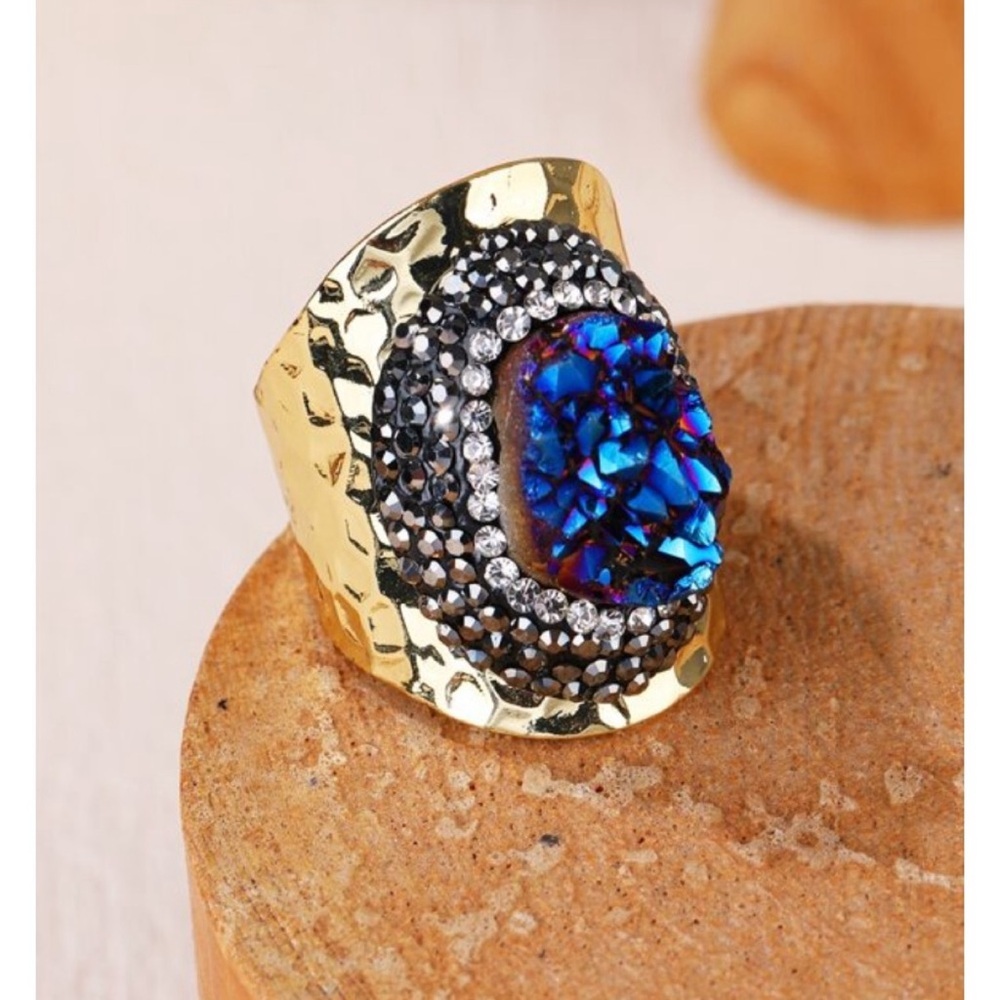 Midnight Blue Druzy Stone Statement Ring Surrounded by Pewter Rhinestones